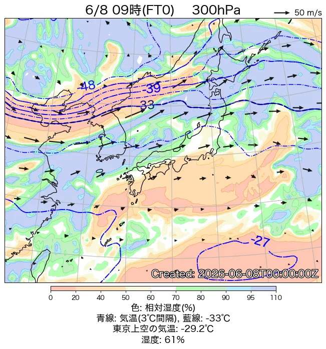 2026年6月8日の日本周辺の300hPa天気図（9時）