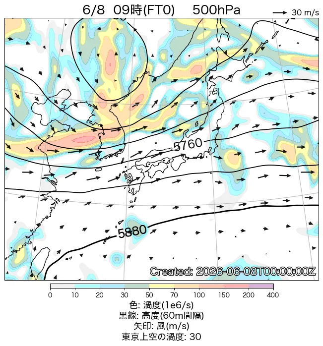 2026年6月8日の日本周辺の500hPa天気図（9時）