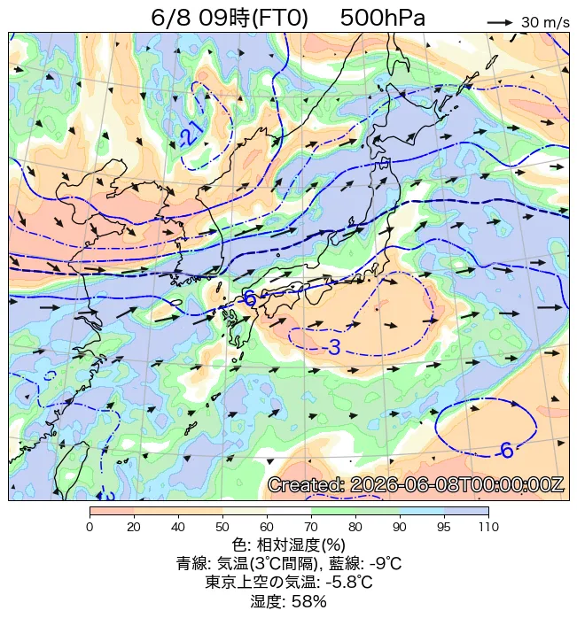 2026年6月8日の日本周辺の500hPa天気図（9時）