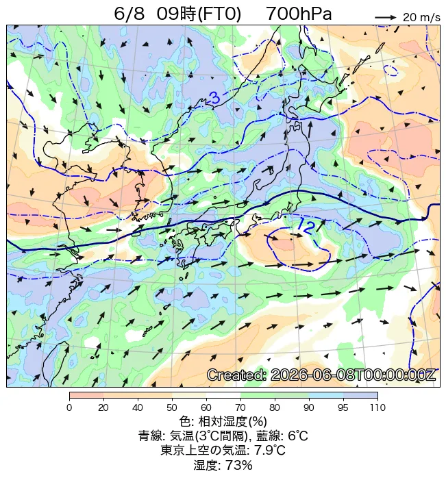 2026年6月8日の日本周辺の700hPa天気図（9時）