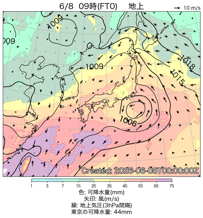 2026年6月8日の日本周辺の地上天気図（9時）