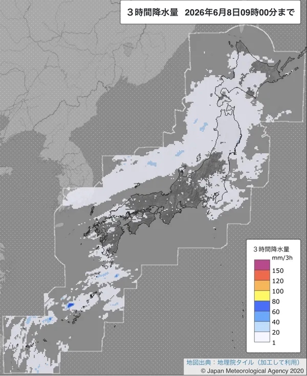 2026年6月8日6〜9時の日本周辺の3時間解析降水量