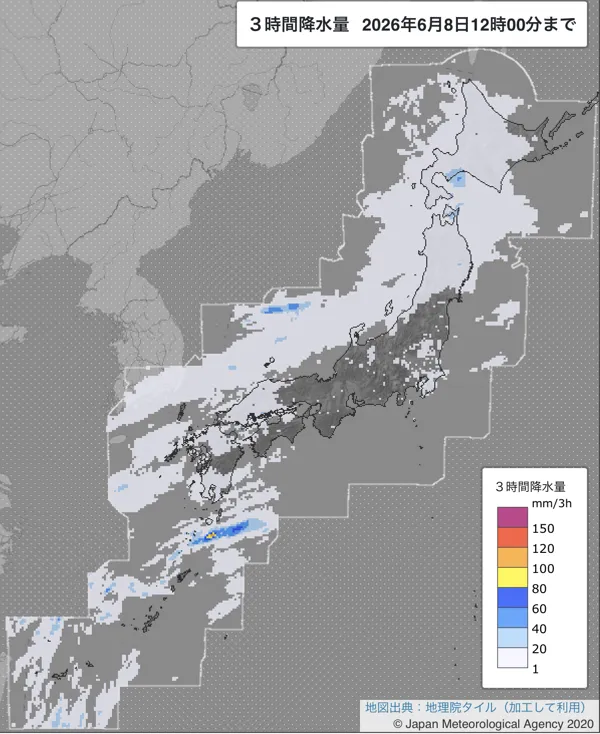 2026年6月8日9〜12時の日本周辺の3時間解析降水量