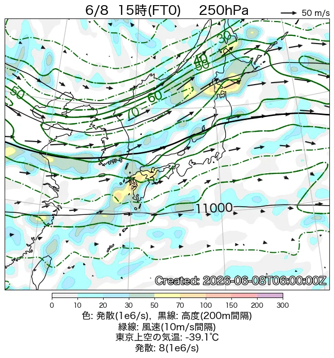 2026年6月8日の日本周辺の250hPa天気図（15時）