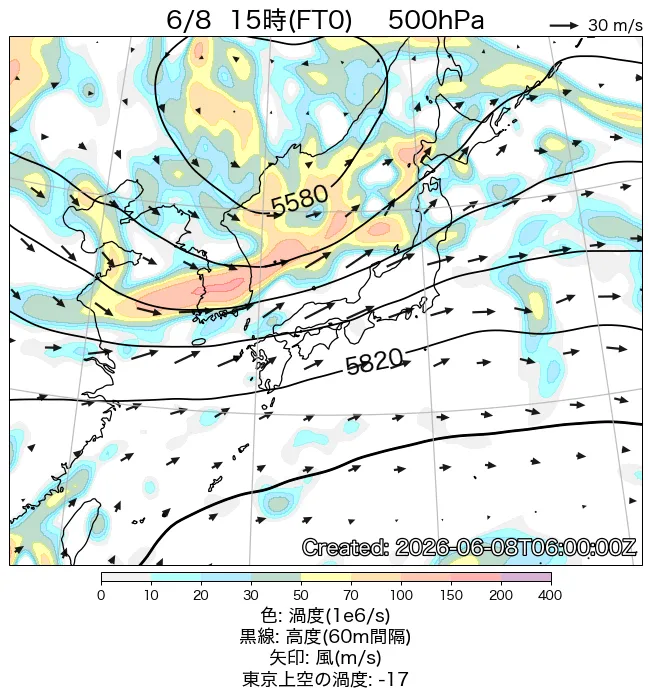 2026年6月8日の日本周辺の500hPa天気図（15時）