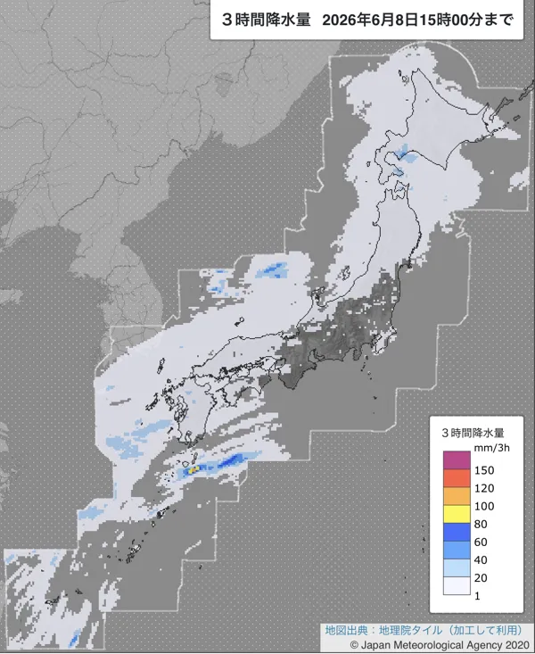 2026年6月8日12〜15時の日本周辺の3時間解析降水量