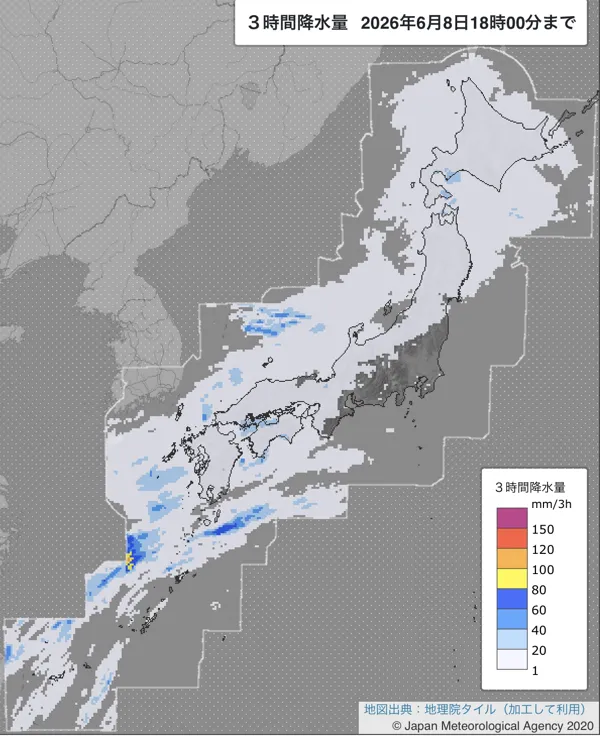 2026年6月8日15〜18時の日本周辺の3時間解析降水量