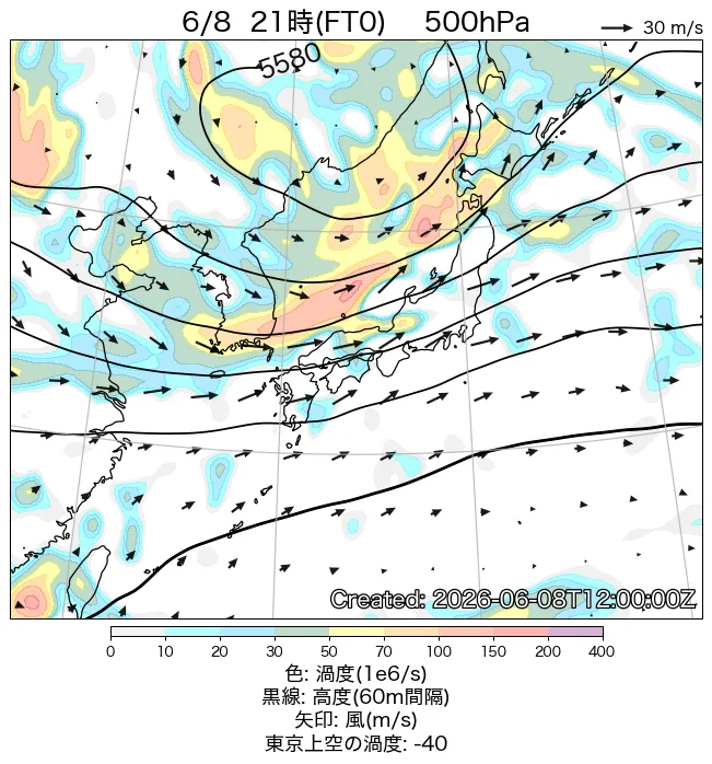 2026年6月8日の日本周辺の500hPa天気図（21時）
