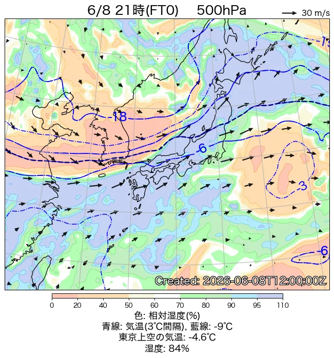 2026年6月8日の日本周辺の500hPa天気図（21時）