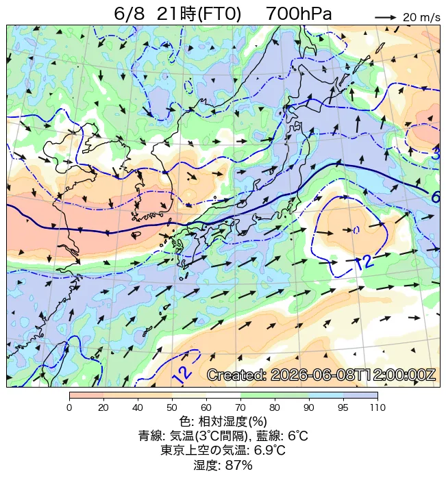 2026年6月8日の日本周辺の700hPa天気図（21時）