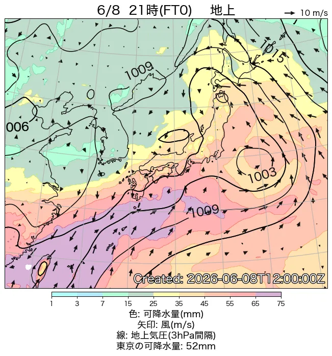 2026年6月8日の日本周辺の地上天気図（21時）