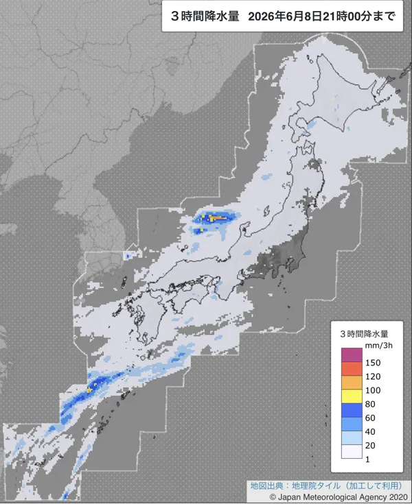 2026年6月8日18〜21時の日本周辺の3時間解析降水量