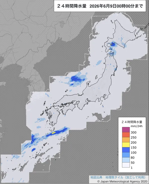 2026年6月8日の日本周辺の日解析雨量の図