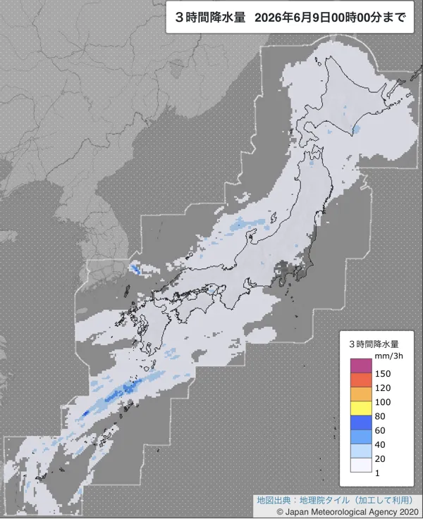 2026年6月8日21〜24時の日本周辺の3時間解析降水量