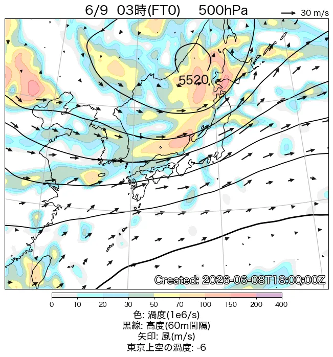 2026年6月9日の日本周辺の500hPa天気図（3時）