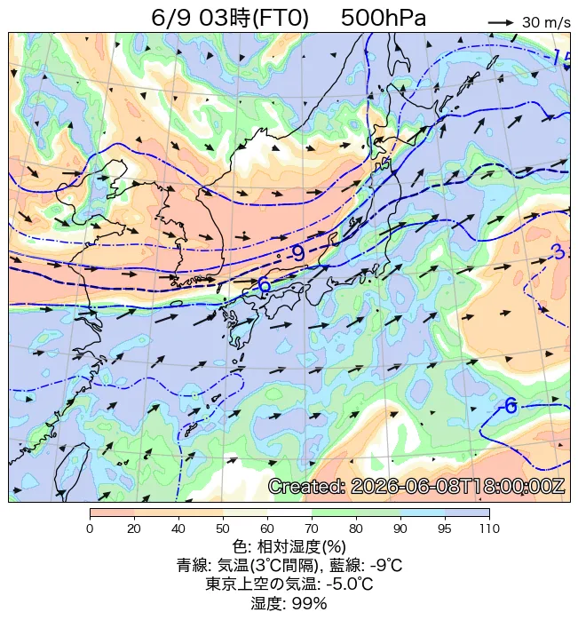 2026年6月9日の日本周辺の500hPa天気図（3時）