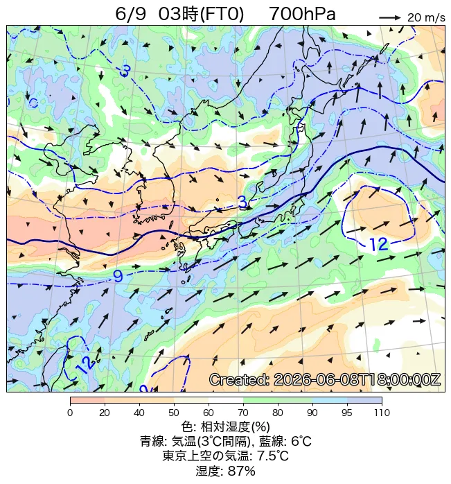 2026年6月9日の日本周辺の700hPa天気図（3時）