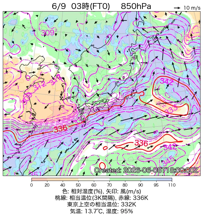2026年6月9日の日本周辺の850hPa天気図（3時）