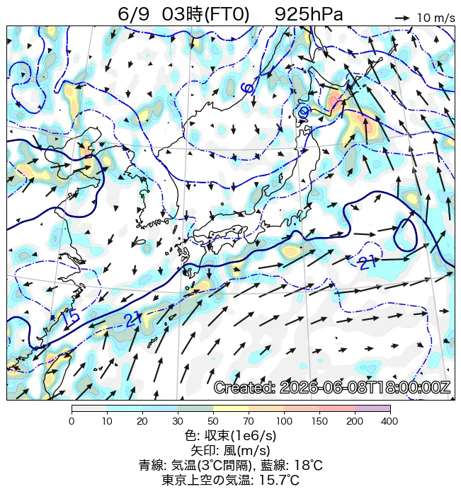 2026年6月9日の日本周辺の925hPa天気図（3時）