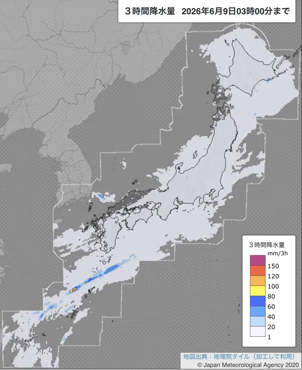 2026年6月9日0〜3時の日本周辺の3時間解析降水量