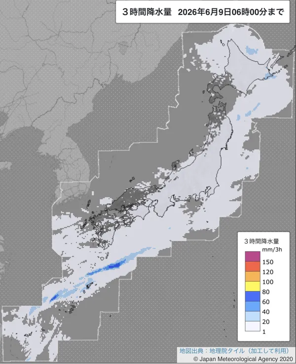 2026年6月9日3〜6時の日本周辺の3時間解析降水量