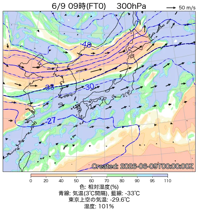 2026年6月9日の日本周辺の300hPa天気図（9時）