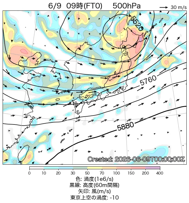 2026年6月9日の日本周辺の500hPa天気図（9時）