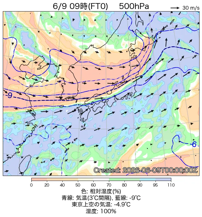 2026年6月9日の日本周辺の500hPa天気図（9時）
