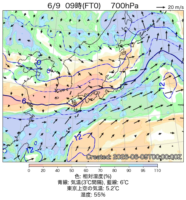 2026年6月9日の日本周辺の700hPa天気図（9時）