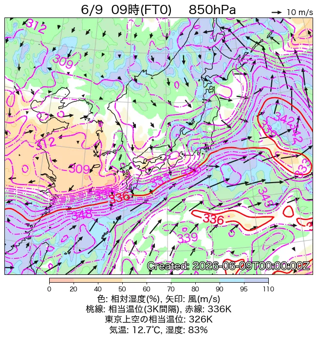 2026年6月9日の日本周辺の850hPa天気図（9時）