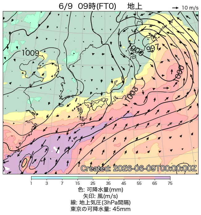 2026年6月9日の日本周辺の地上天気図（9時）