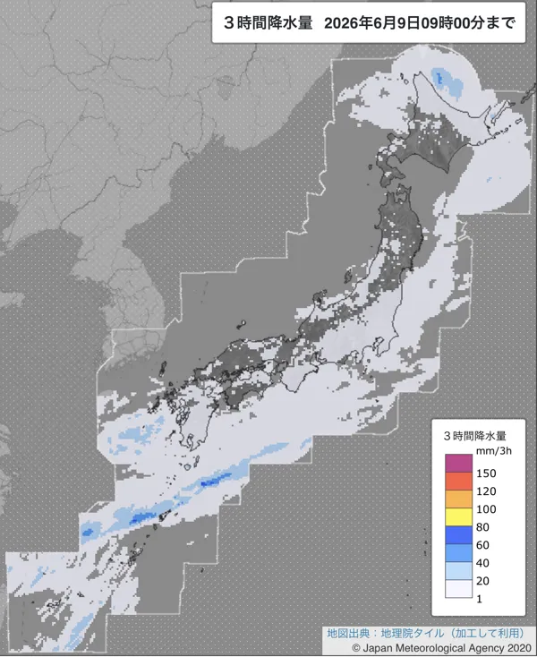 2026年6月9日6〜9時の日本周辺の3時間解析降水量