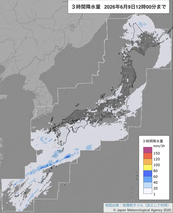 2026年6月9日9〜12時の日本周辺の3時間解析降水量