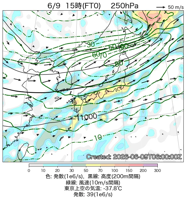 2026年6月9日の日本周辺の250hPa天気図（15時）