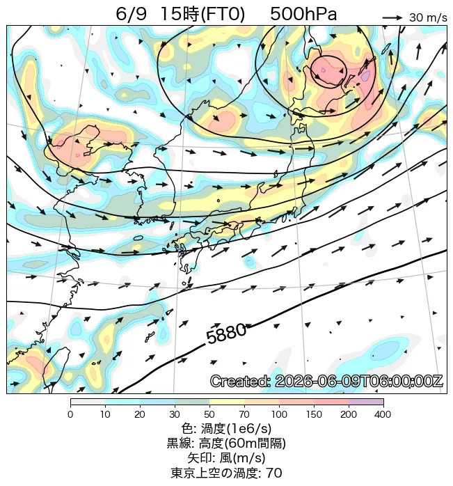 2026年6月9日の日本周辺の500hPa天気図（15時）