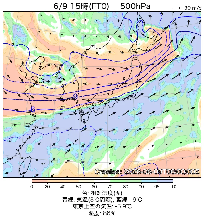 2026年6月9日の日本周辺の500hPa天気図（15時）