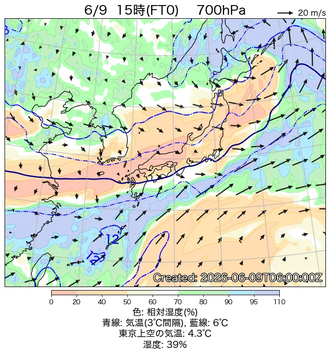 2026年6月9日の日本周辺の700hPa天気図（15時）