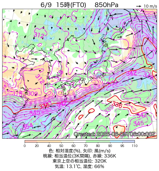 2026年6月9日の日本周辺の850hPa天気図（15時）