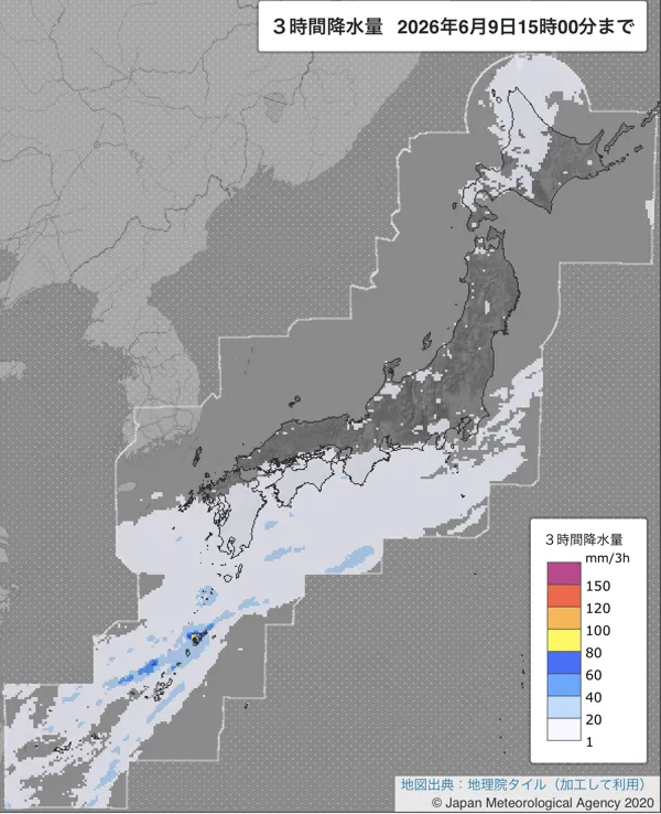 2026年6月9日12〜15時の日本周辺の3時間解析降水量