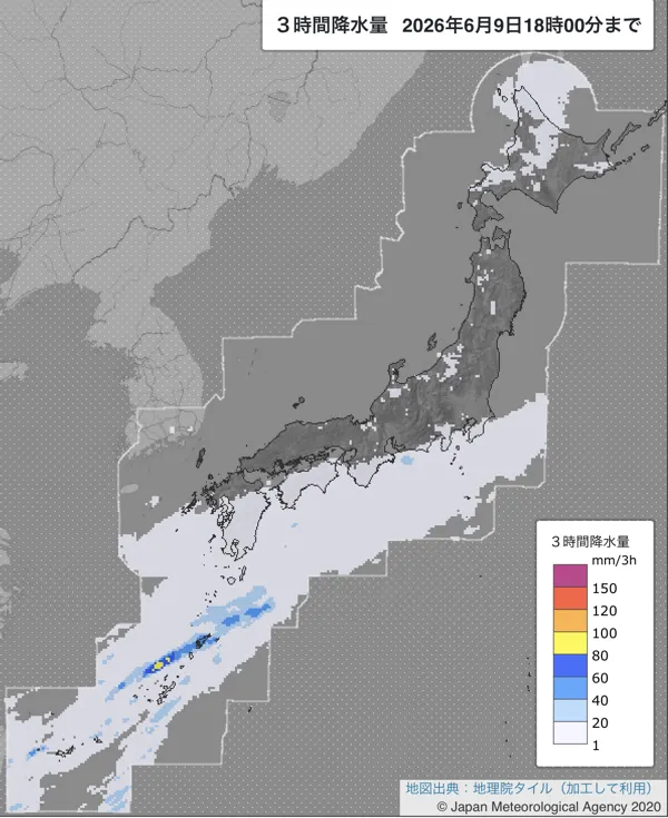 2026年6月9日15〜18時の日本周辺の3時間解析降水量