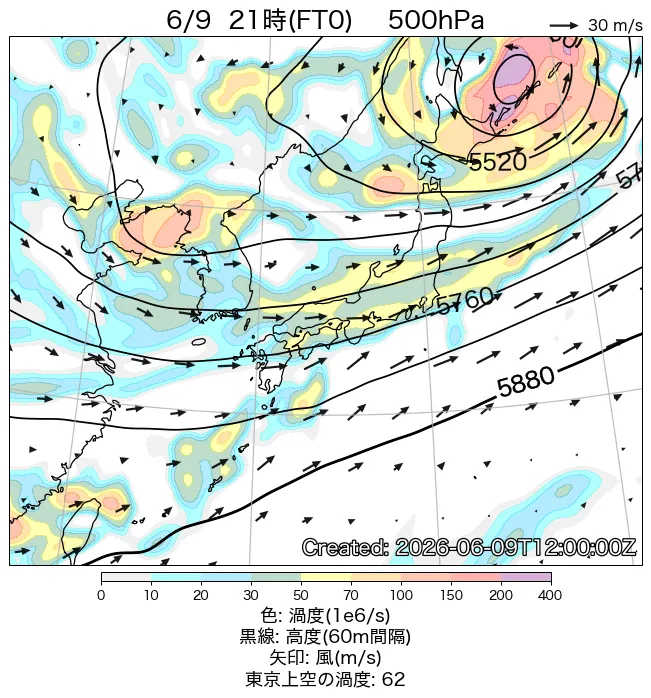 2026年6月9日の日本周辺の500hPa天気図（21時）
