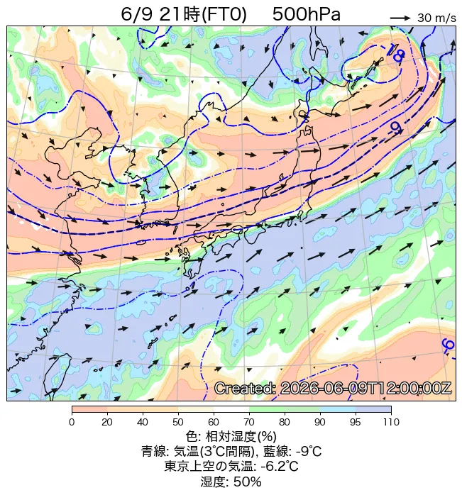 2026年6月9日の日本周辺の500hPa天気図（21時）