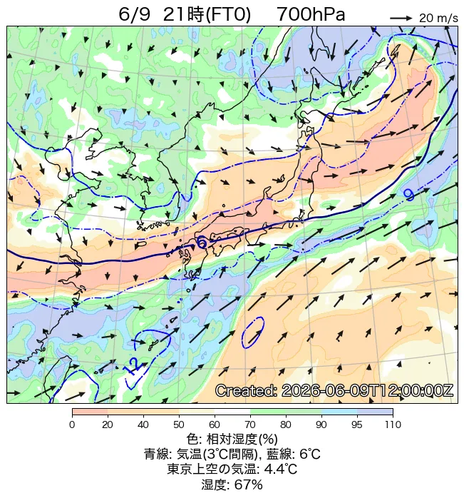 2026年6月9日の日本周辺の700hPa天気図（21時）