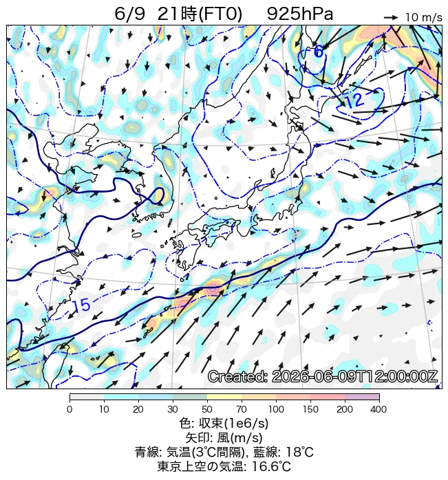2026年6月9日の日本周辺の925hPa天気図（21時）