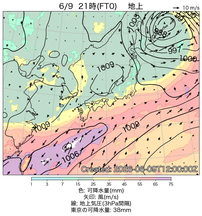 2026年6月9日の日本周辺の地上天気図（21時）