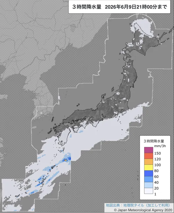 2026年6月9日18〜21時の日本周辺の3時間解析降水量