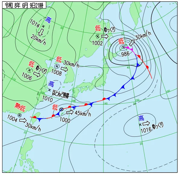 2026年6月9日21時の速報天気図