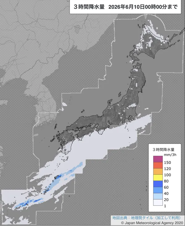 2026年6月9日21〜24時の日本周辺の3時間解析降水量
