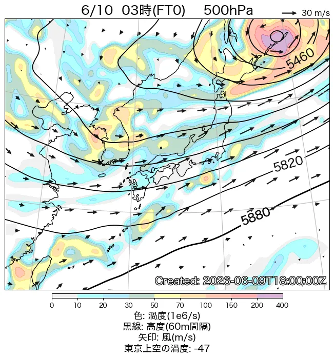 2026年6月10日の日本周辺の500hPa天気図（3時）