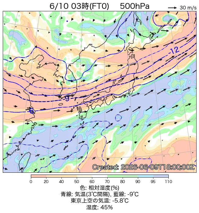 2026年6月10日の日本周辺の500hPa天気図（3時）
